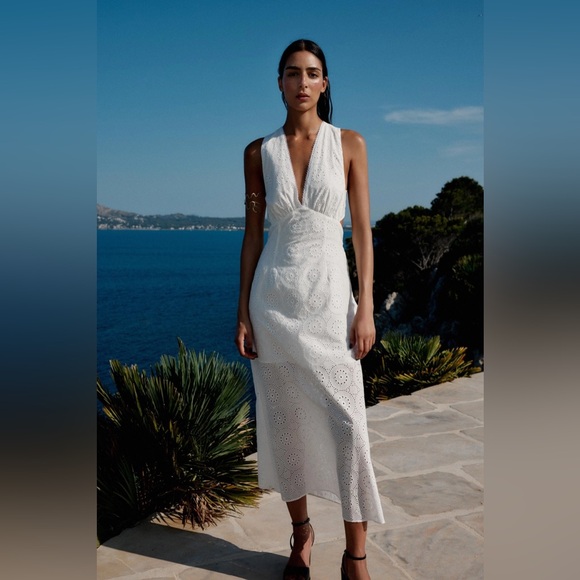 Zara Dresses & Skirts - ZARA Cotton Eyelet Embroidered Halter Midi dress. L NWT
